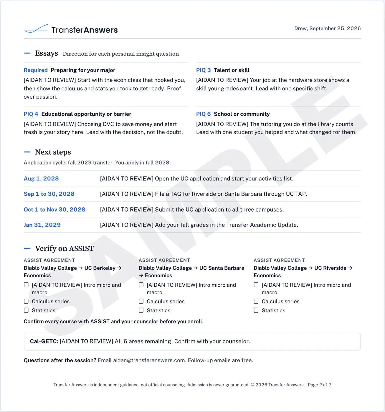 Page 2 of the sample report: direction for four essays, dated next steps, and what to verify on ASSIST